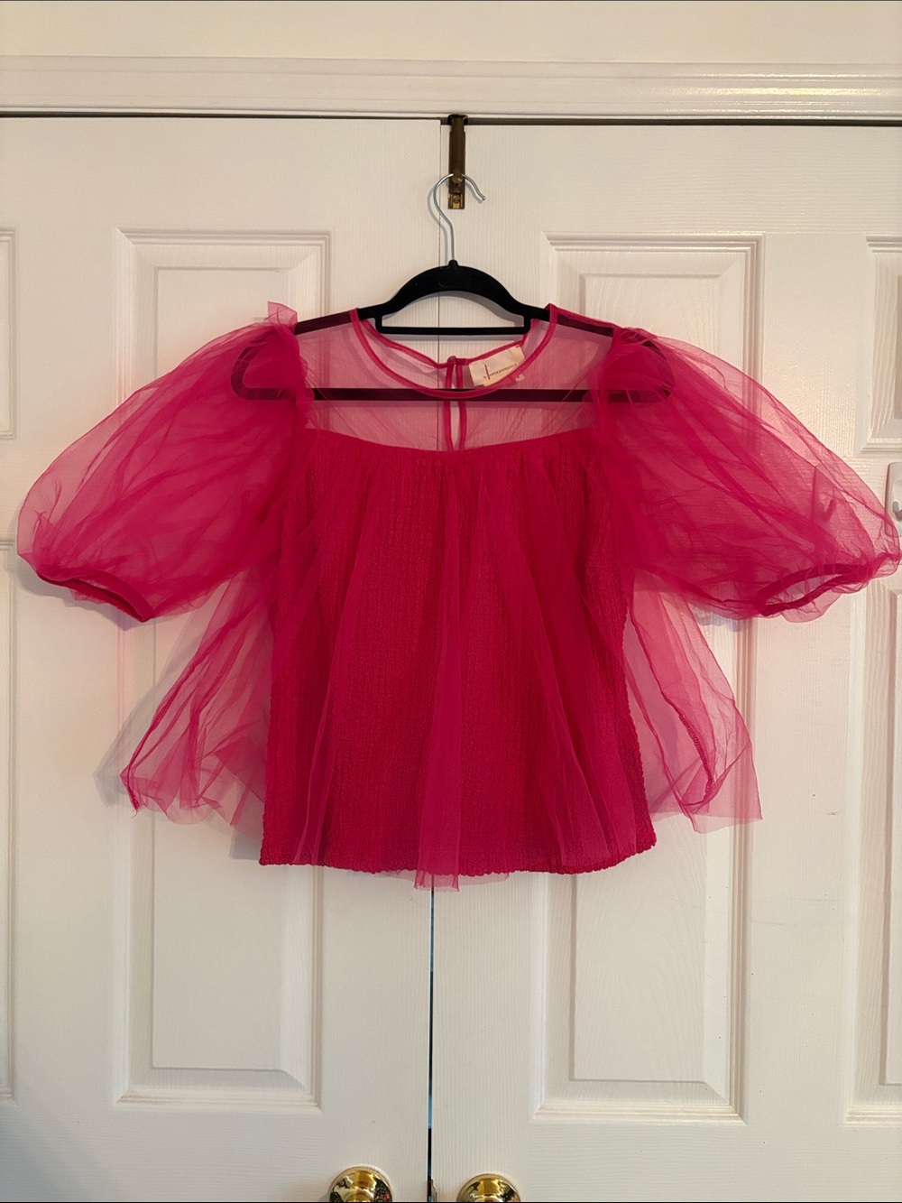 Anthropologie Bright Pink Sheer Tulle Puff-Sleeve Blouse
